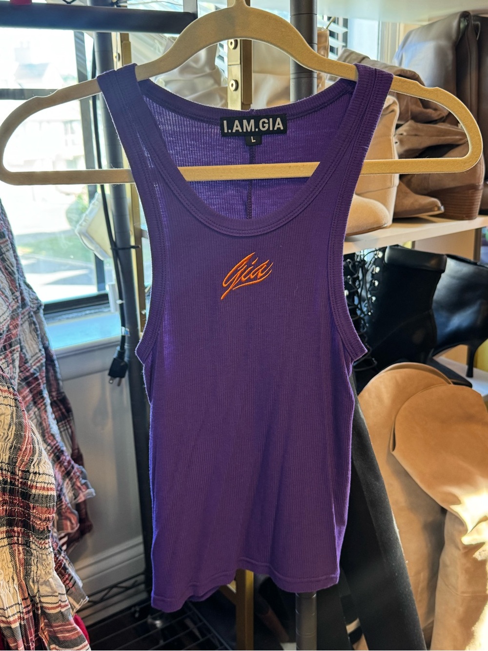 I.AM.GIA Purple Ribbed Tank with Orange Embroidered Logo